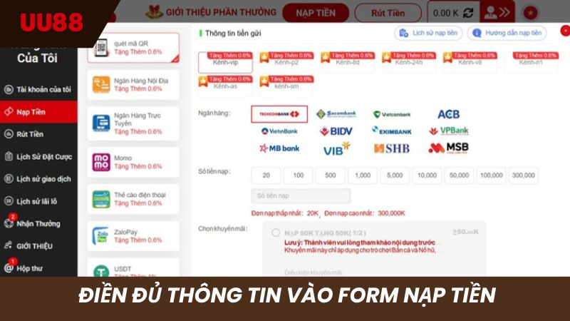 Điền đủ thông tin cần thiết vào form nạp tiền